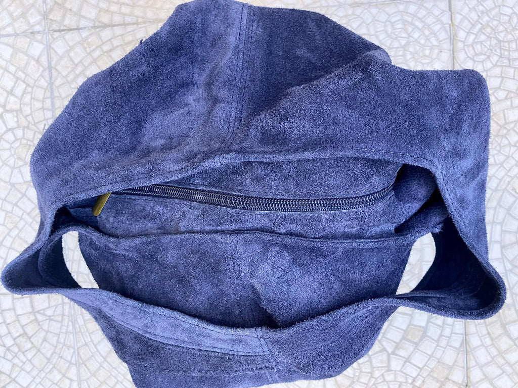 Slouch bag with zipper. NAVY blue tote leather bag. Soft natural suede genuine leather bag. Dark blue boho bag. NAVY suede bag.