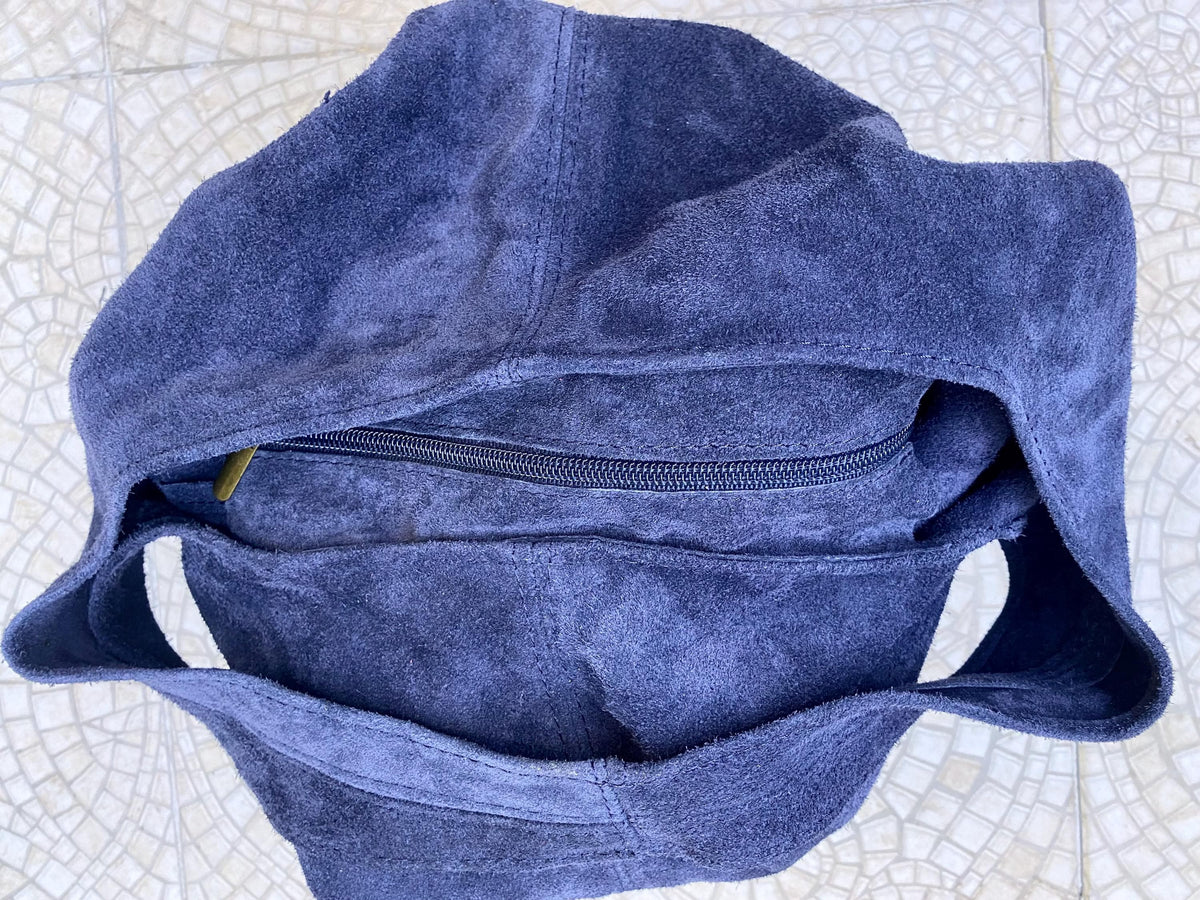Slouch bag with zipper. NAVY blue tote leather bag. Soft natural suede genuine leather bag. Dark blue boho bag. NAVY suede bag.