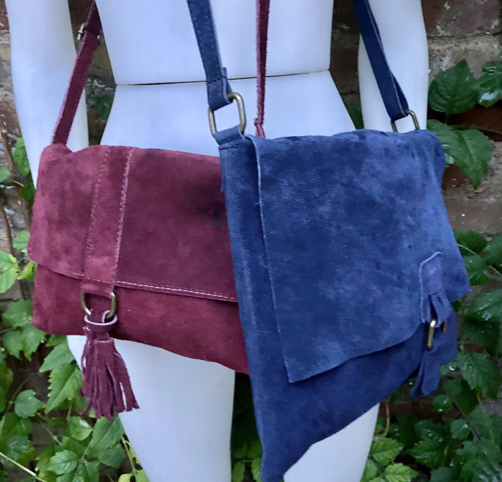 SECONDS. Navy blue + burgundy suede messenger leather bags. 2 cross body / shoulder bags. Soft genuine leather purses with zipper + flap.