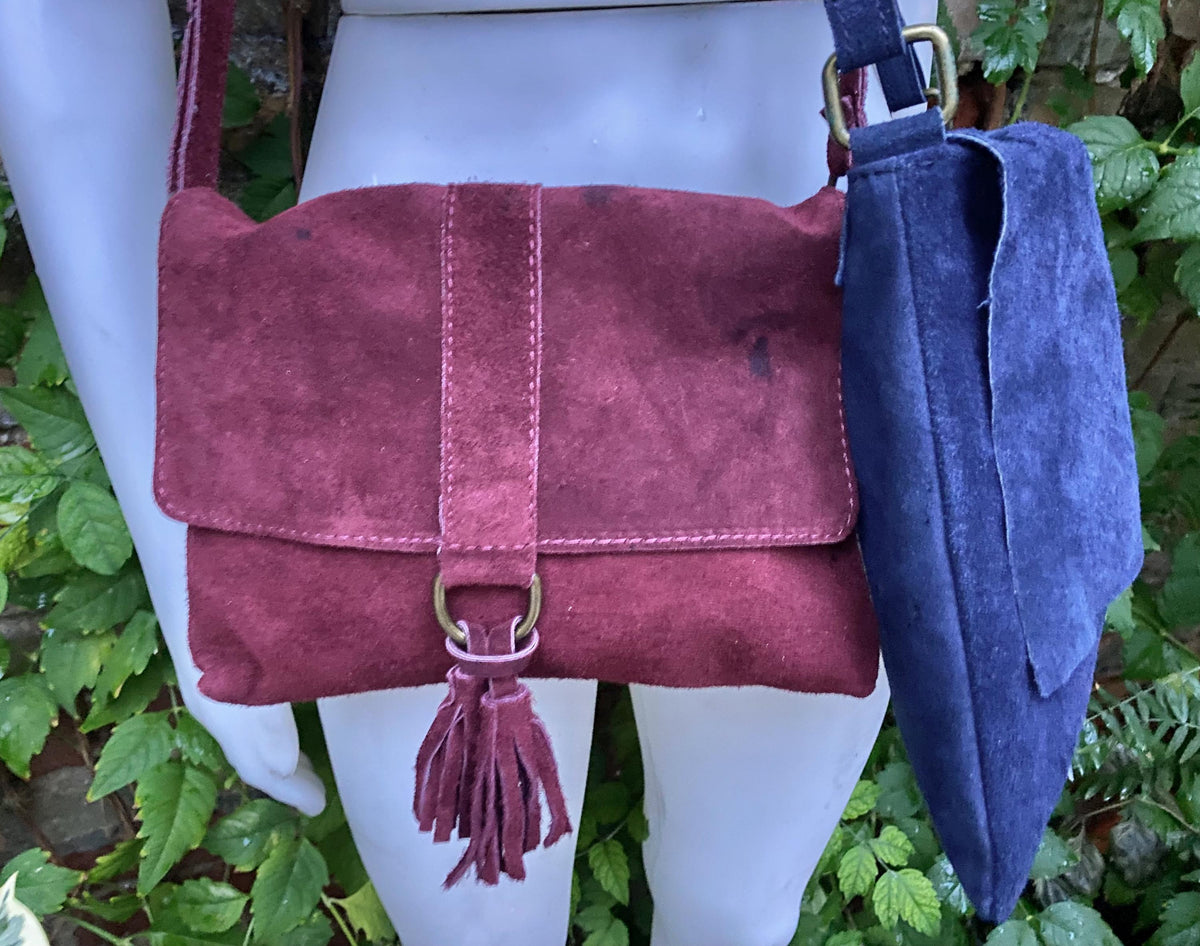 SECONDS. Navy blue + burgundy suede messenger leather bags. 2 cross body / shoulder bags. Soft genuine leather purses with zipper + flap.