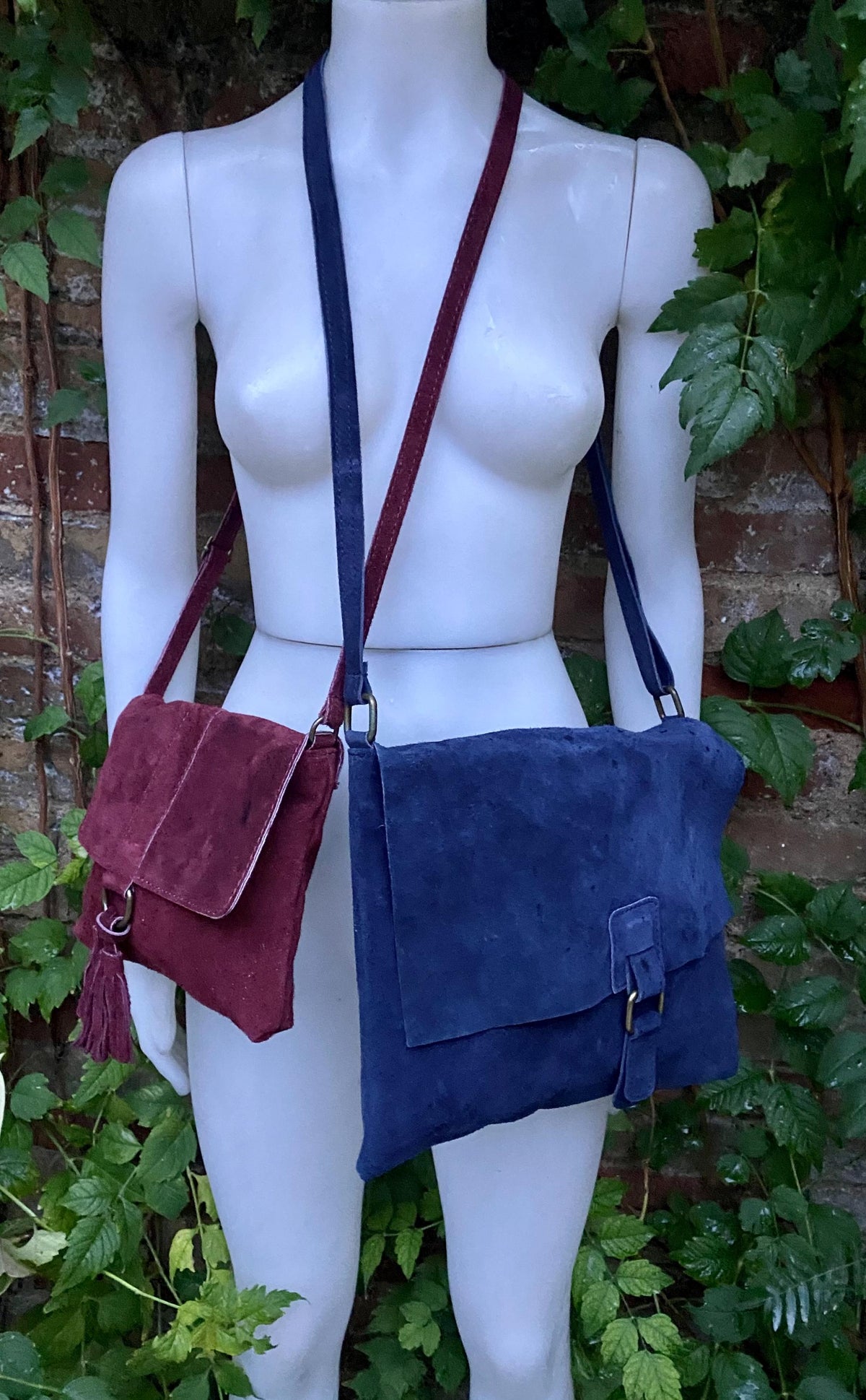 SECONDS. Navy blue + burgundy suede messenger leather bags. 2 cross body / shoulder bags. Soft genuine leather purses with zipper + flap.