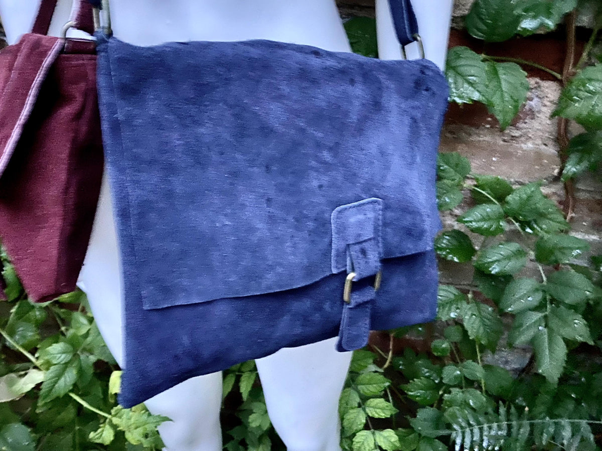 SECONDS. Navy blue + burgundy suede messenger leather bags. 2 cross body / shoulder bags. Soft genuine leather purses with zipper + flap.