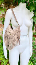 Small taupe brown suede crossbody bag with fringes + tacks. Light brown suede hippy purse. Greyge color genuine suede leather boho bag.