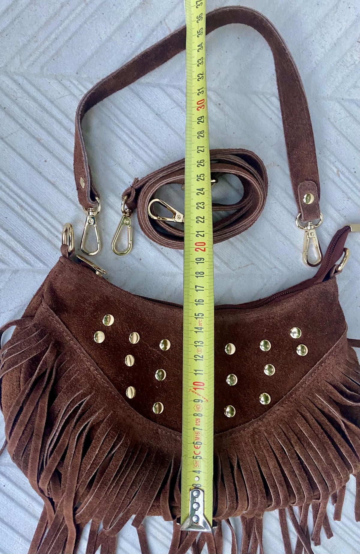 Small taupe brown suede crossbody bag with fringes + tacks. Light brown suede hippy purse. Greyge color genuine suede leather boho bag.