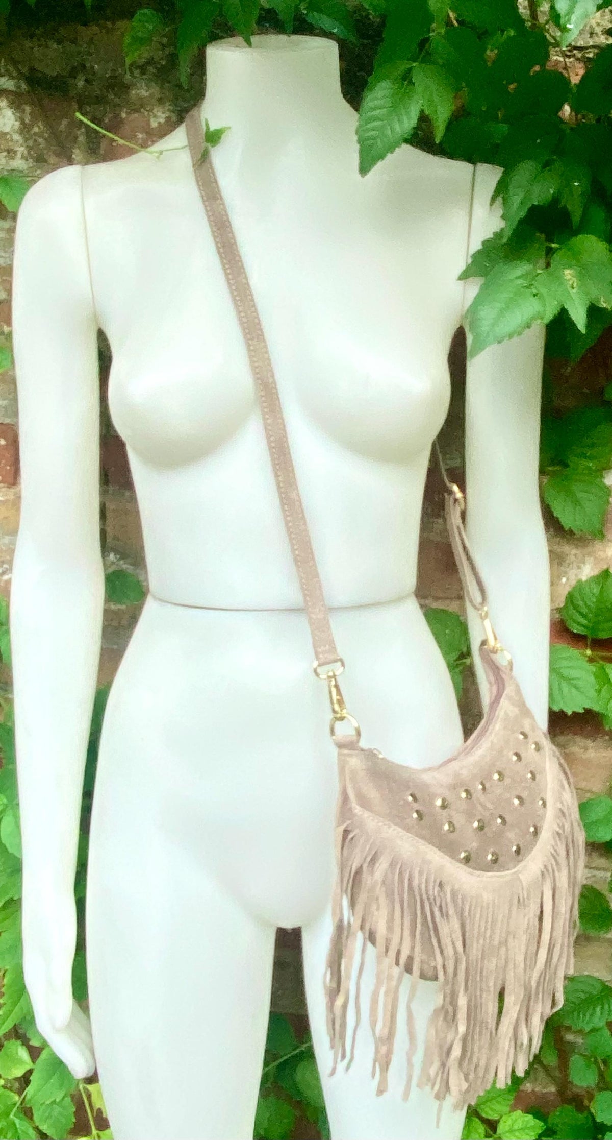 Small taupe brown suede crossbody bag with fringes + tacks. Light brown suede hippy purse. Greyge color genuine suede leather boho bag.