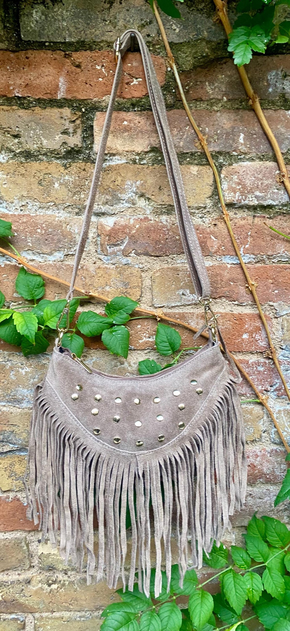 Small taupe brown suede crossbody bag with fringes + tacks. Light brown suede hippy purse. Greyge color genuine suede leather boho bag.