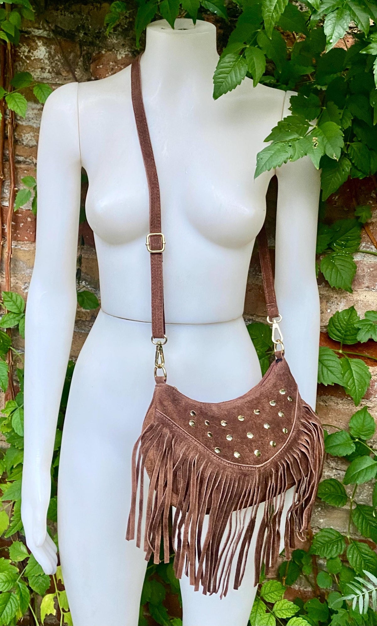 Small dark brown suede crossbody bag with fringes + tacks. Chocolate brown suede hippy purse. Brown genuine suede leather boho bag.
