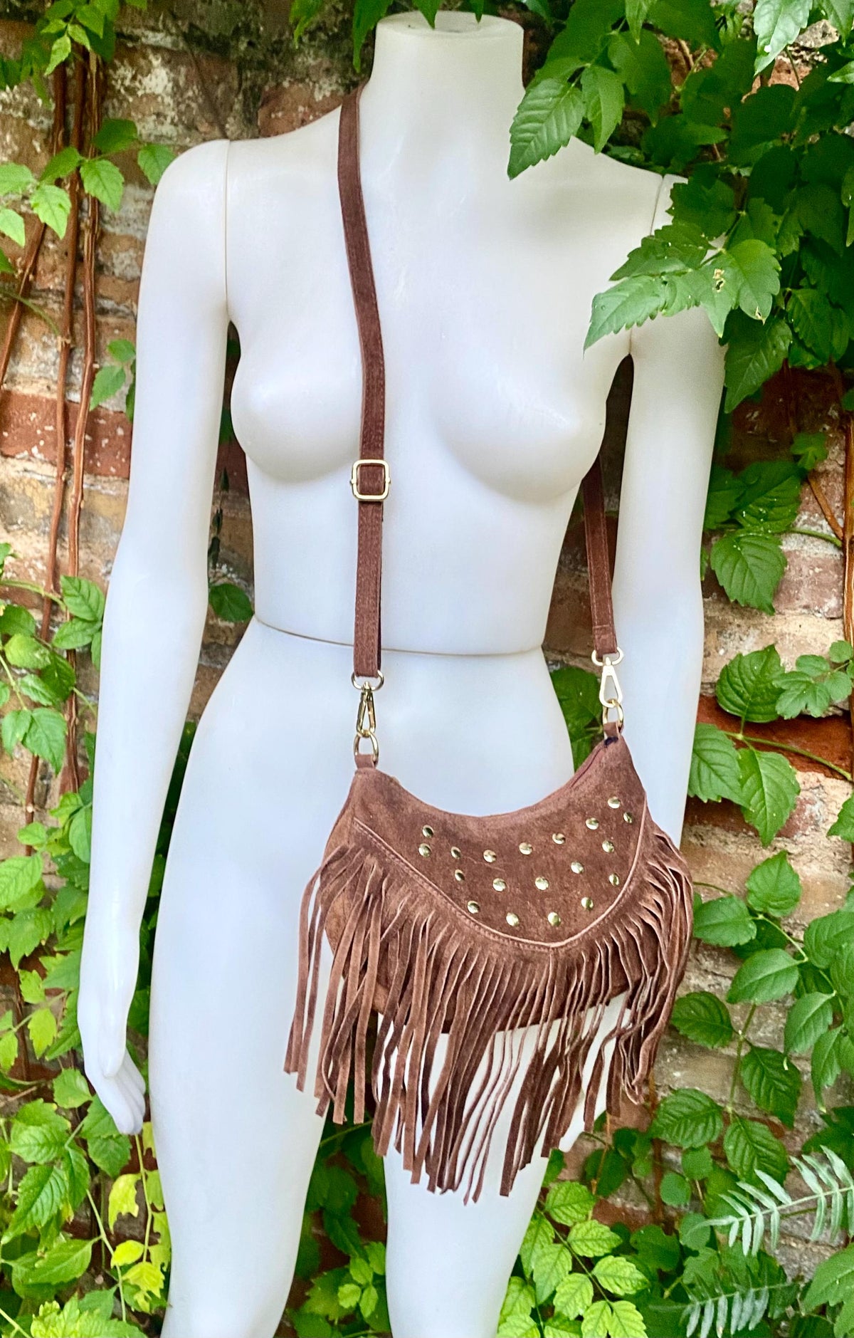 Small dark brown suede crossbody bag with fringes + tacks. Chocolate brown suede hippy purse. Brown genuine suede leather boho bag.