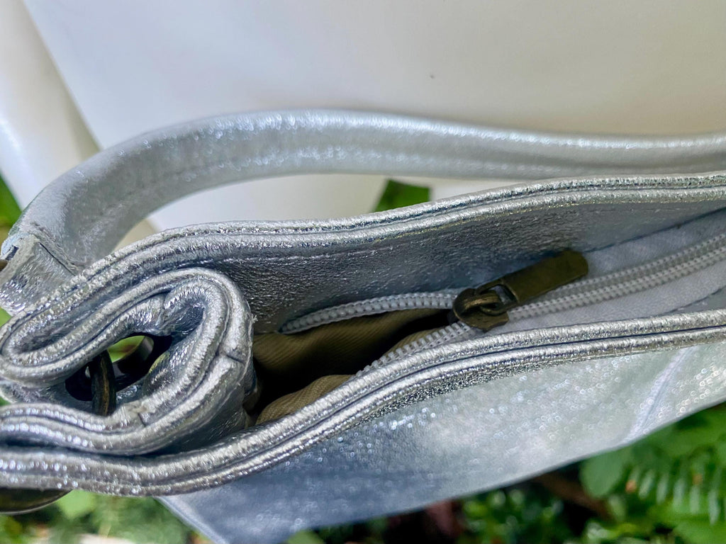 Genuine leather bag in SILVER .Cross body / shoulder bag. Silver purse with 2 straps.