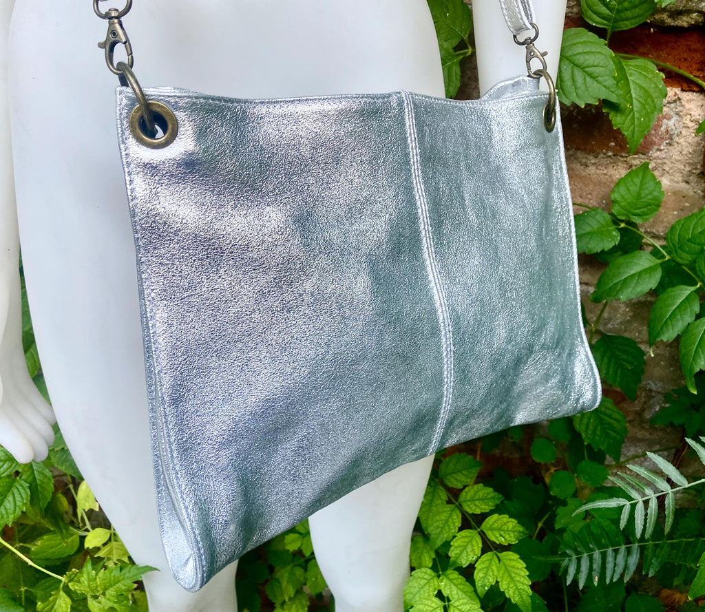 Genuine leather bag in SILVER .Cross body / shoulder bag. Silver purse with 2 straps.