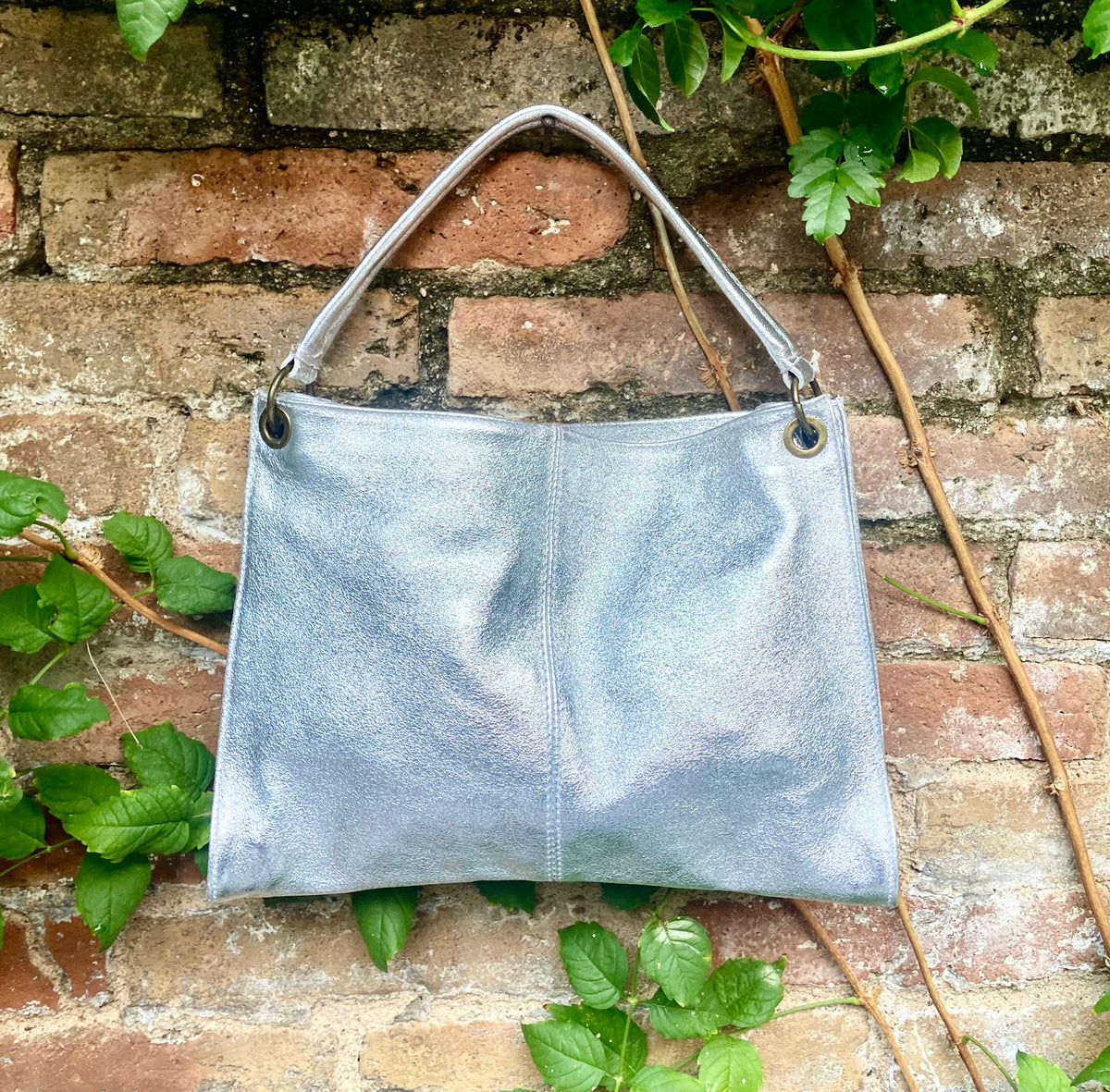 Genuine leather bag in SILVER .Cross body / shoulder bag. Silver purse with 2 straps.