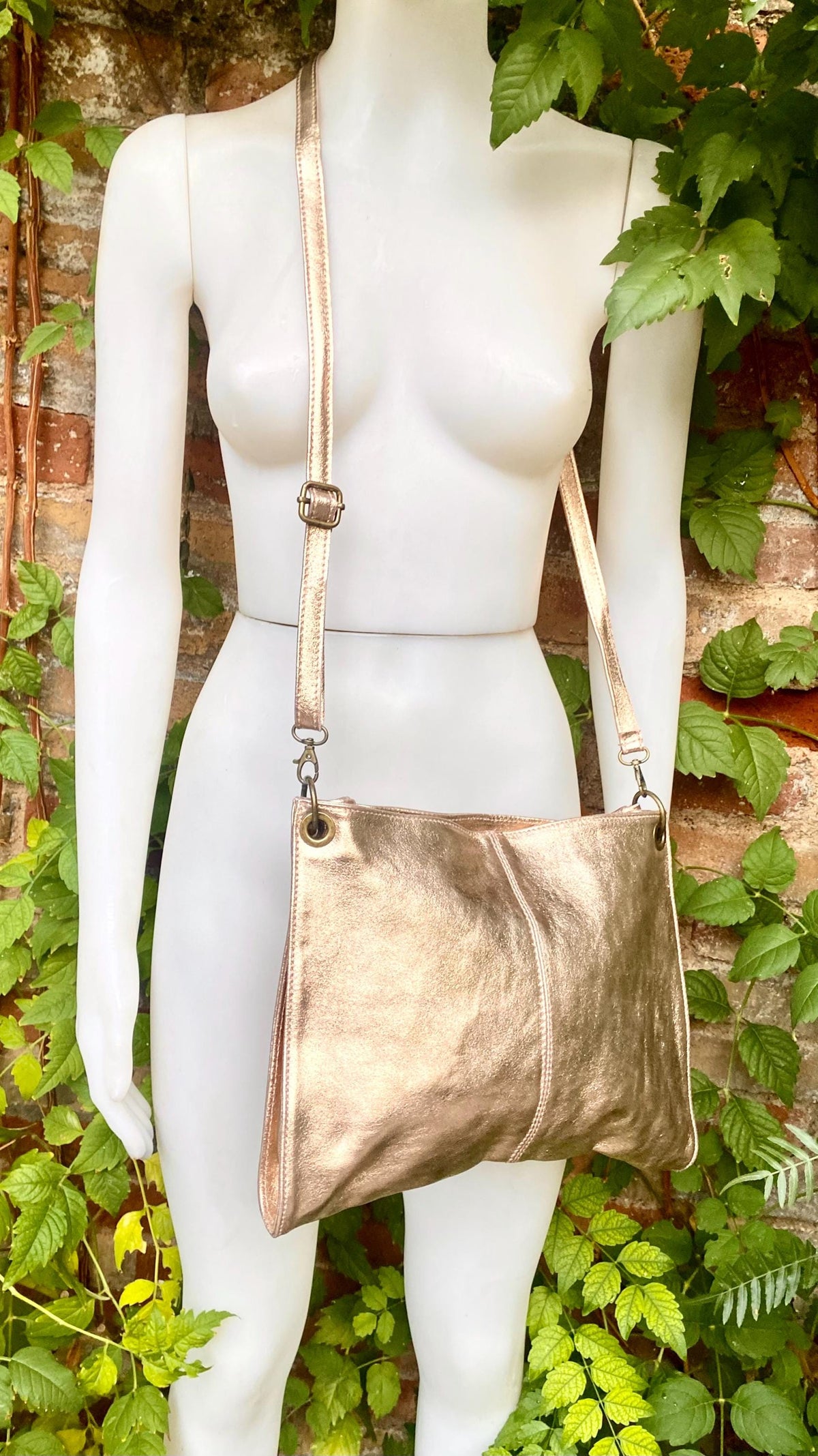 Genuine leather bag in PINK - GOLD .Crossbody / shoulder bag. Metallic salmon color purse with 2 straps. Shiny apricot - peach bag.