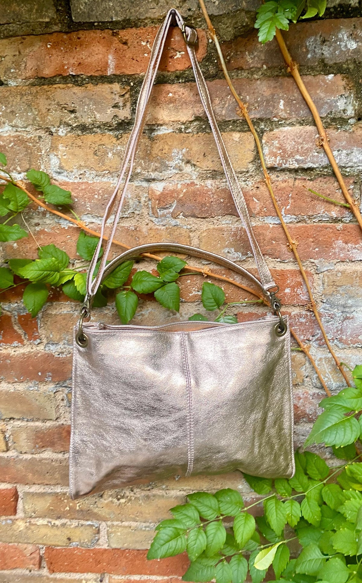 Genuine leather bag in PINK - GOLD .Crossbody / shoulder bag. Metallic salmon color purse with 2 straps. Shiny apricot - peach bag.