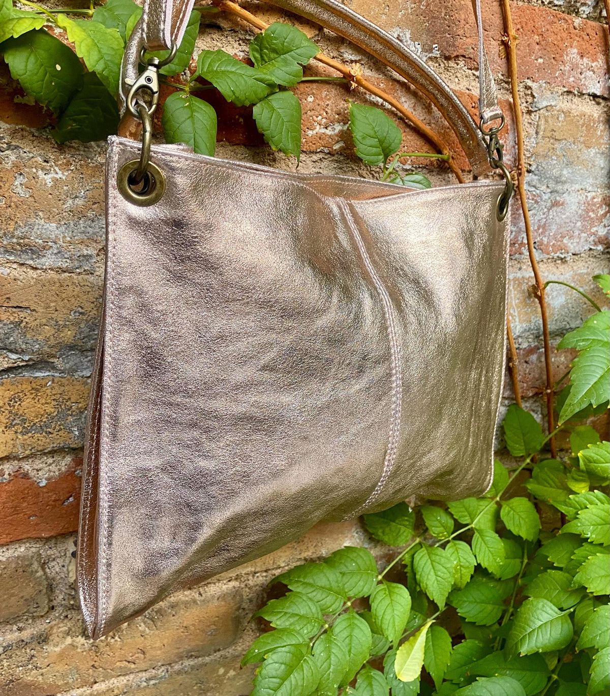 Genuine leather bag in PINK - GOLD .Crossbody / shoulder bag. Metallic salmon color purse with 2 straps. Shiny apricot - peach bag.