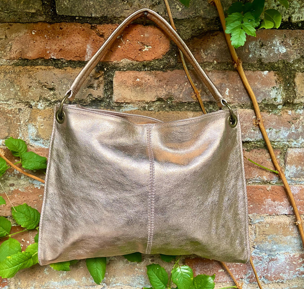 Genuine leather bag in PINK - GOLD .Crossbody / shoulder bag. Metallic salmon color purse with 2 straps. Shiny apricot - peach bag.