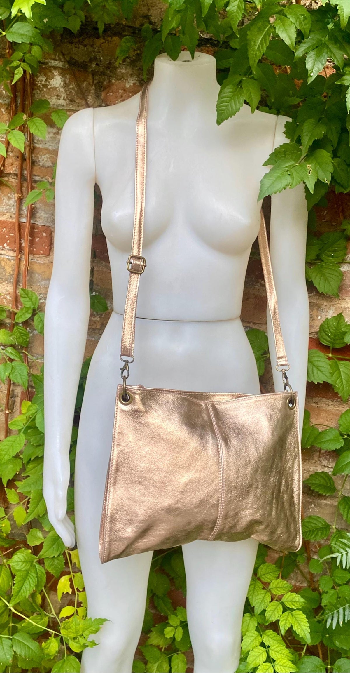 Genuine leather bag in PINK - GOLD .Crossbody / shoulder bag. Metallic salmon color purse with 2 straps. Shiny apricot - peach bag.