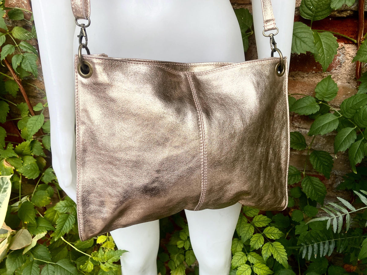 Genuine leather bag in PINK - GOLD .Crossbody / shoulder bag. Metallic salmon color purse with 2 straps. Shiny apricot - peach bag.