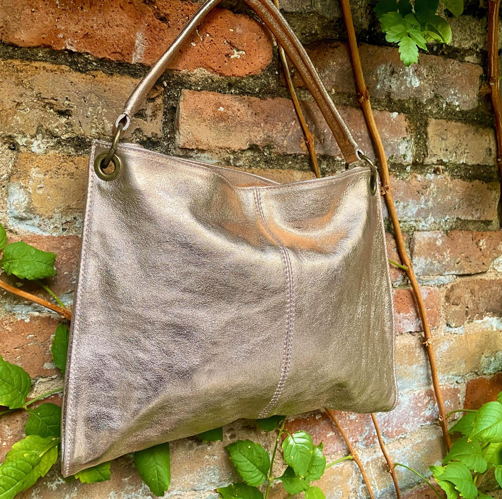 Genuine leather bag in PINK - GOLD .Crossbody / shoulder bag. Metallic salmon color purse with 2 straps. Shiny apricot - peach bag.