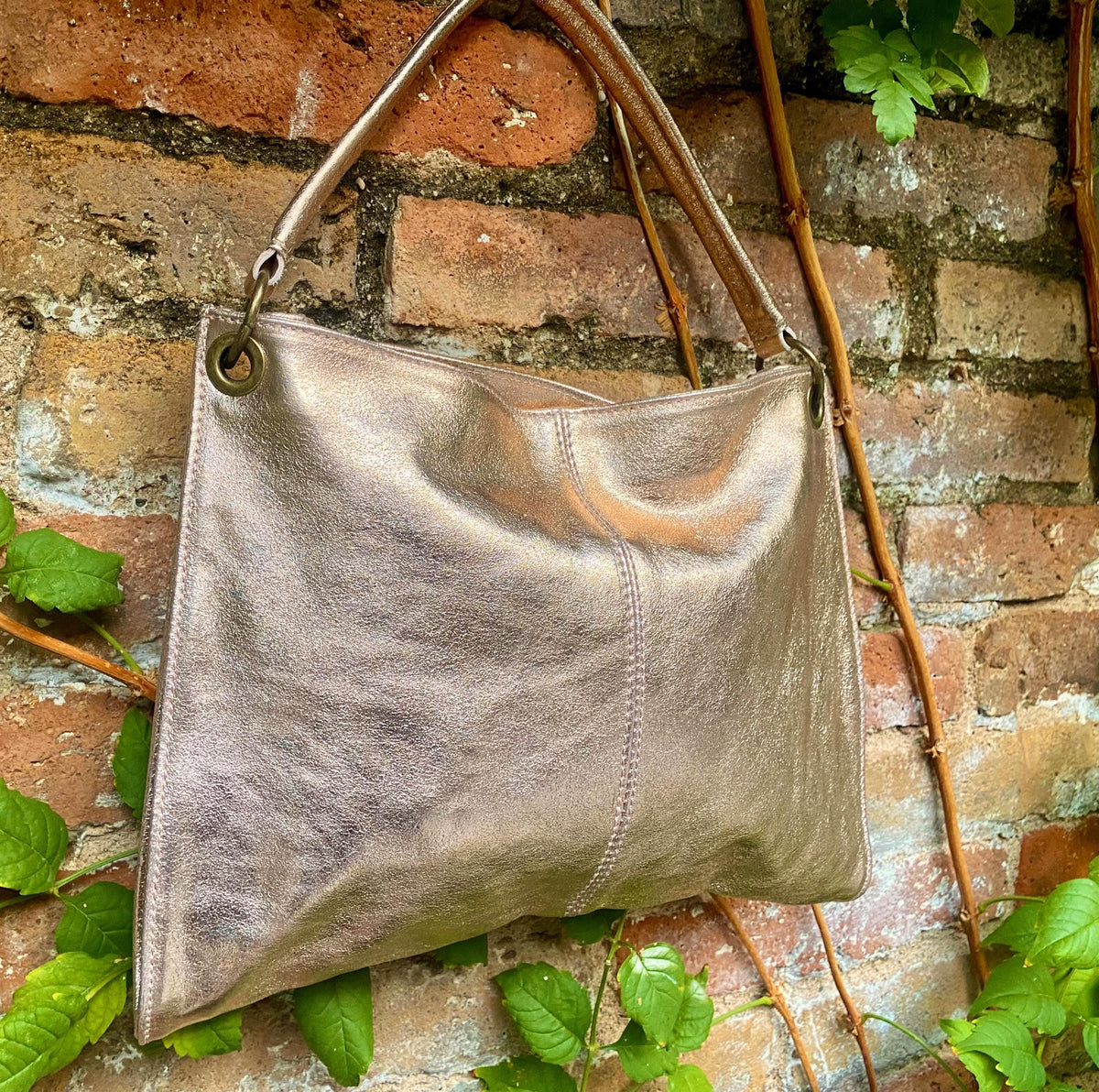 Genuine leather bag in PINK - GOLD .Crossbody / shoulder bag. Metallic salmon color purse with 2 straps. Shiny apricot - peach bag.