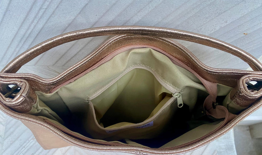 Genuine leather bag in PINK - GOLD .Crossbody / shoulder bag. Metallic salmon color purse with 2 straps. Shiny apricot - peach bag.