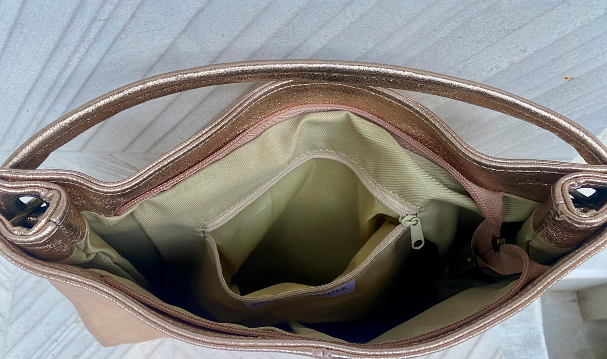Genuine leather bag in PINK - GOLD .Crossbody / shoulder bag. Metallic salmon color purse with 2 straps. Shiny apricot - peach bag.