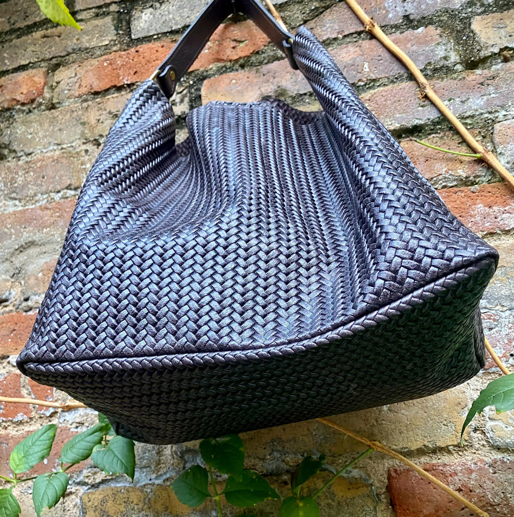 Dark brown slouchy leather bag. Hobo shoulder bag. Braided / engraved genuine leather book / tablet bag. Chocolate brown leather shopper.