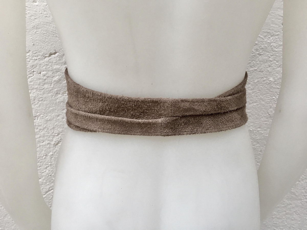 GREEN - gray suede OBI belt. Wrap waist belt in natural soft suede. Smoke green wide dress belt. Light khaki genuine leather boho belt.