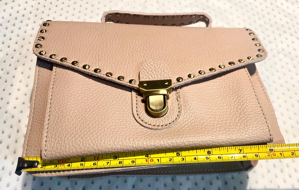 Camel brown leather bag with tacks. Genuine leather small messenger bag. Crossbody / shoulder bag with zipper and flap