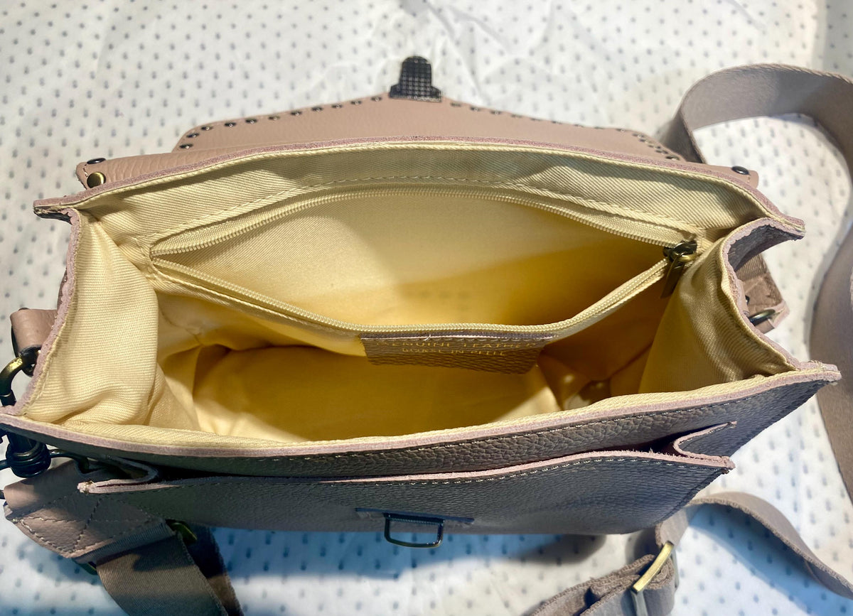 Camel brown leather bag with tacks. Genuine leather small messenger bag. Crossbody / shoulder bag with zipper and flap