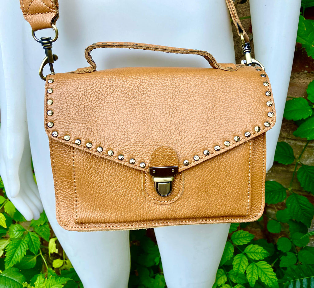 Camel brown leather bag with tacks. Genuine leather small messenger bag. Crossbody / shoulder bag with zipper and flap