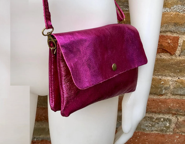 Metallic shine hot pink genuine leather bag. Small shoulder / crossbody bag Pink party purse