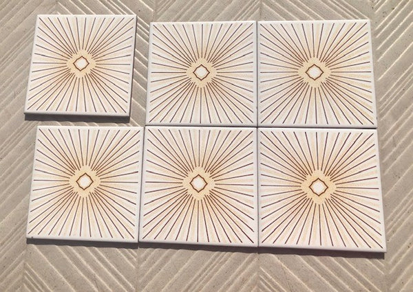 Special listing for Laurie- 6 mid century  sunburst vintage tiles in cream-brown