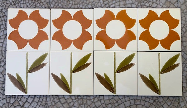 Special listing for Jenna- 8 vintage sunflower+stem tiles. Vintage unused tiles from Spain