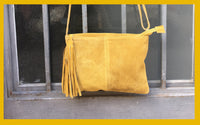 Suede leather bag in MUSTARD YELLOW .Cross body bag, shoulder bag in GENUINE leather. Small leather bag with adjustable strap and zipper.