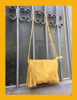 Suede leather bag in MUSTARD YELLOW .Cross body bag, shoulder bag in GENUINE leather. Small leather bag with adjustable strap and zipper.