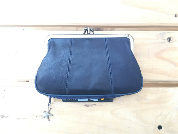 Genuine leather clip purse iin BLUE. Retro leather purse, clip purse in soft  dark blue  leather.  NAVY color wallet, metallic clasp.