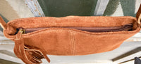 Suede leather bag in CAMEL BROWN Cross body bag, shoulder bag in GENUINE leather. Small leather bag with adjustable strap and zipper.