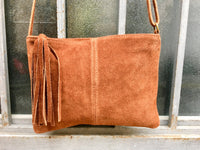 Suede leather bag in CAMEL BROWN Cross body bag, shoulder bag in GENUINE leather. Small leather bag with adjustable strap and zipper.