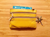 Small purse in MUSTARD YELLOW, genuine leather, closed by 3 zippers. Fits creditcards, coins, bills. YELLOW leather wallet.