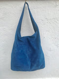 BLUE suede bag. Large SLOUCH leather bag in blue. Soft natural suede. Genuine leather bag. Boho bag. TOTE bag. Laptop, tablet bag.