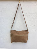 BOHO suede leather bag in DARK beige.Soft natural leather bag with tassels, cross over bag with adjustable straps. Boho, summer festival bag