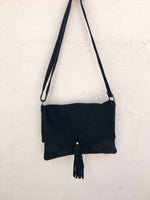 BOHO bag in suede, genuine cross over bag in black. Natural leather bag. BLACK messenger bag , boho festival bag