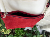 Suede leather bag in DARK RED. Burgundy crossbody bag,shoulder bag in GENUINE leather. Small leather bag with adjustable strap and zipper.