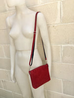 Suede leather bag in DARK RED. Burgundy crossbody bag,shoulder bag in GENUINE leather. Small leather bag with adjustable strap and zipper.