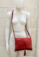 Cross body bag. BOHO suede leather bag in BURGUNDY. Soft genuine suede leather. Crossover, messenger bag in RED suede