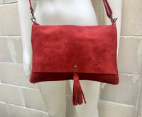 Cross body bag. BOHO suede leather bag in BURGUNDY. Soft genuine suede leather. Crossover, messenger bag in RED suede