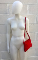 Suede leather bag in RED . Cross body bag, shoulder bag in GENUINE leather. Small leather bags, bike bags,adjustable strap and zipper.