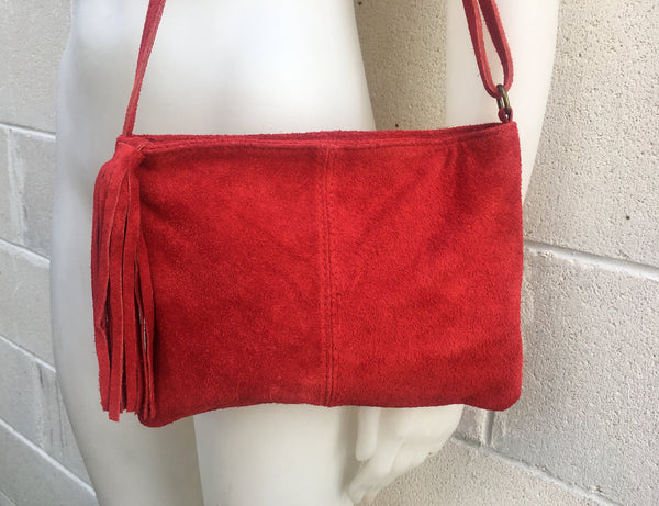 Suede leather bag in RED . Cross body bag, shoulder bag in GENUINE leather. Small leather bags, bike bags,adjustable strap and zipper.