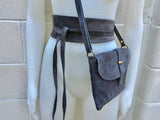 Suede leather bag in DARK GRAY. Crossbody bag in GENUINE leather.Gray small leather bag with obi suede belt Bag and belt set