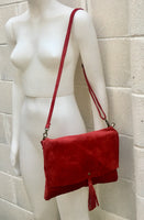 Cross body bag. BOHO suede leather bag in BURGUNDY. Soft genuine suede leather. Crossover, messenger bag in RED suede